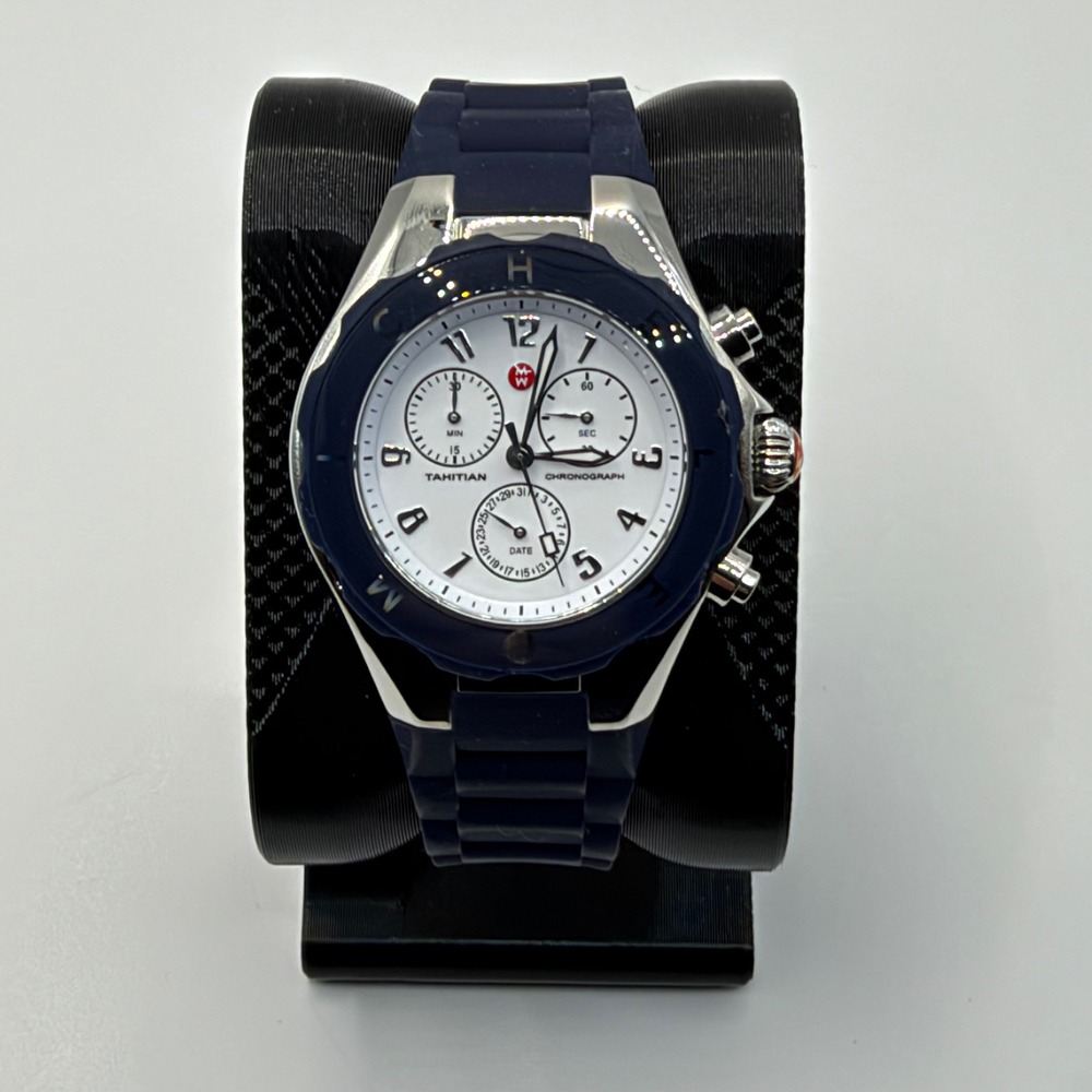 Michele Tahitian Chronograph Women 40mm Blue Silicone Watch MWW12F000005 Luxury